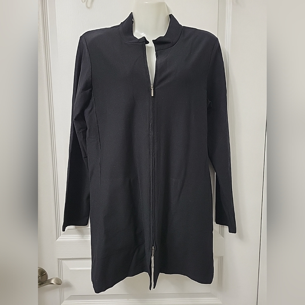 Womens Eileen Fisher Black Full Zipped Tunic Top Light Jacket Pockets Medium